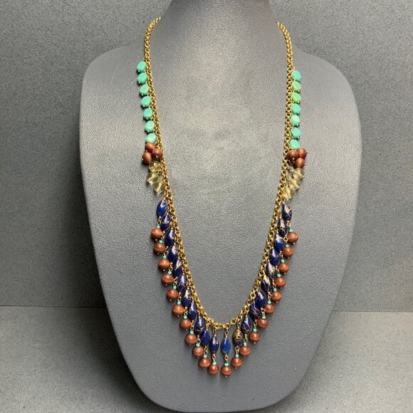 BoHo Multicolor Bead Necklace 32 In Gold Chain Wooden Brown Royal Blue Turquoise - Picture 1 of 9
